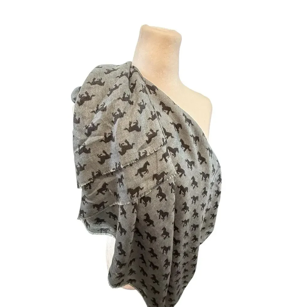 Semi-Sheer Soft Viscose Horse Print Rectangle Scarf Shawl Gray Black Western